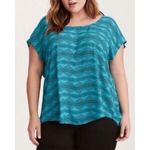Torrid Top Woman’s Size 0 Teal Geometric Print Short Sleeve With Cut Out Back
